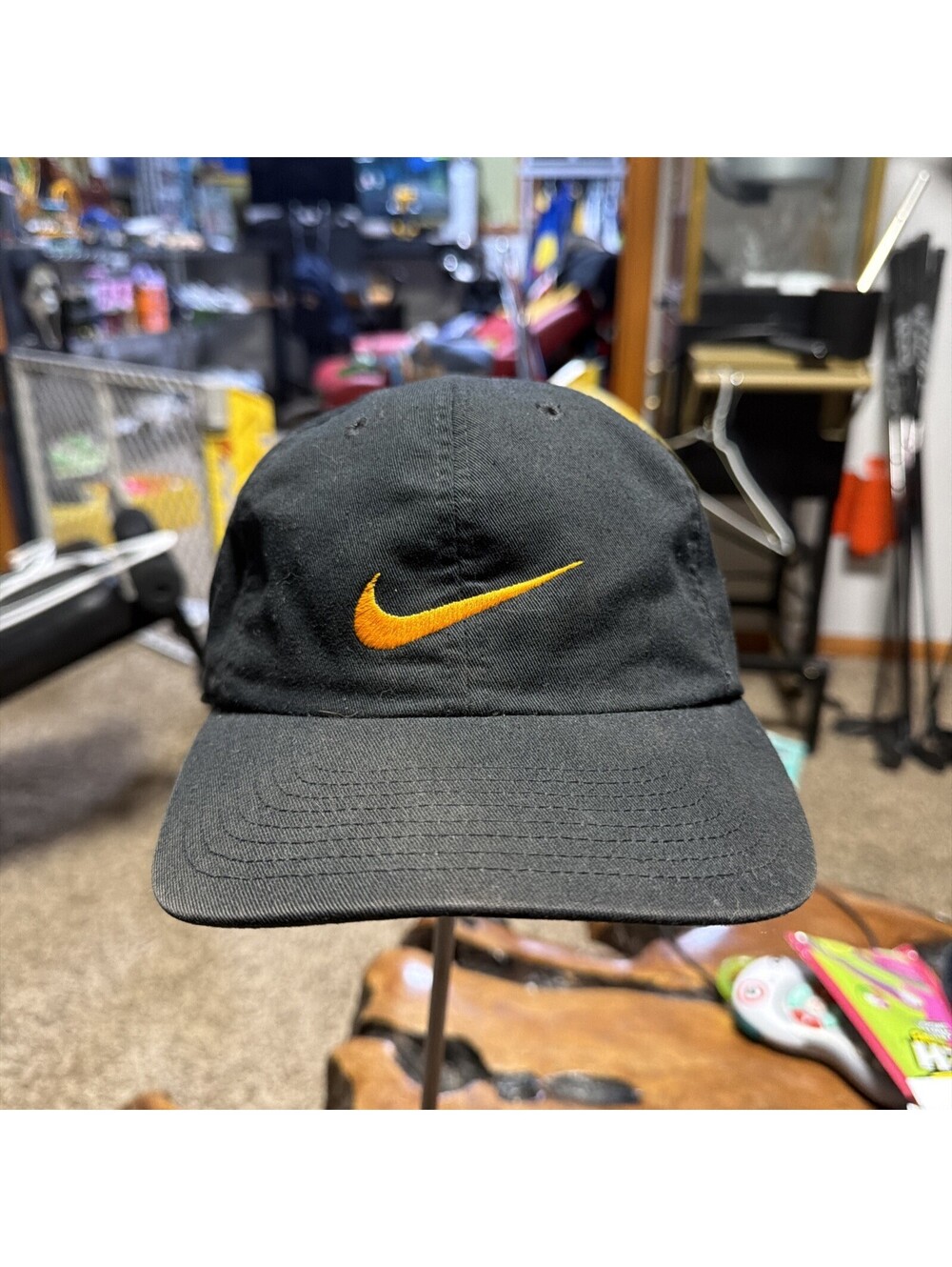 VINTAGE 90'S NIKE Orange SWOOSH SNAPBACK  Baseball Cap Black Metal Logo Strap
